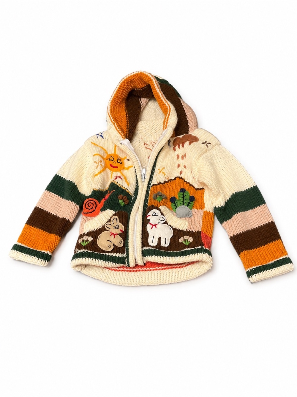 Kids Cream Hooded Animal Appliqué Zip Cardigan